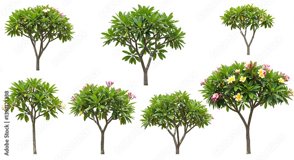 Fototapeta premium Collection of Plumeria Trees Isolated on White Background