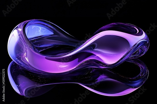 Abstract purple glassy flowing form on black background with reflection