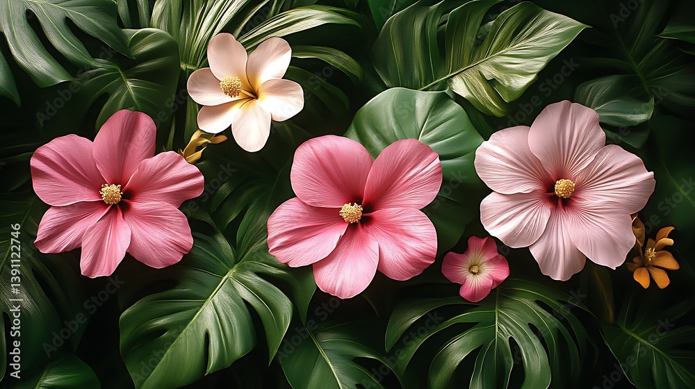 Obraz premium Pink hibiscus and plumeria flowers on tropical leaves.