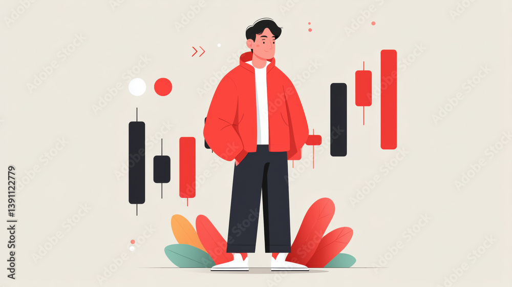 Young man in stylish red jacket stands confidently with trading indicators in the background illustrating market trends, cartoon illustration.