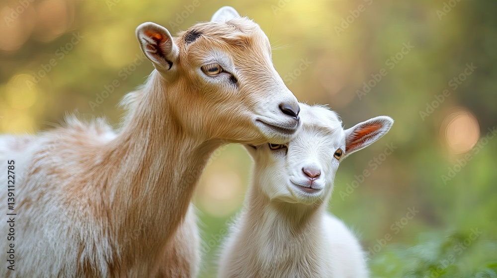 Adorable goat kid standing outdoors suckling from nanny goat in natural pasture setting
