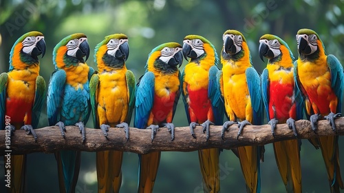 Colorful group of parrots perched on branches in tropical rainforest setting photo