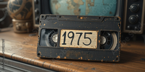 Nostalgic vintage video cassette from 1975 on an antique table