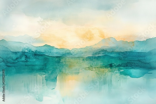 Watercolor painting of a hazy mountain range reflecting on a calm tranquil lake