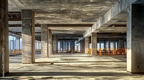 Empty Construction Site with Exposed Concrete and Steel Beams

