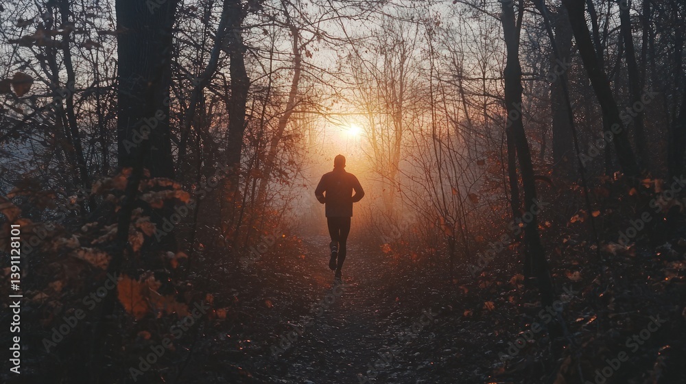 Fototapeta premium Silhouette of runner in misty forest at sunrise.