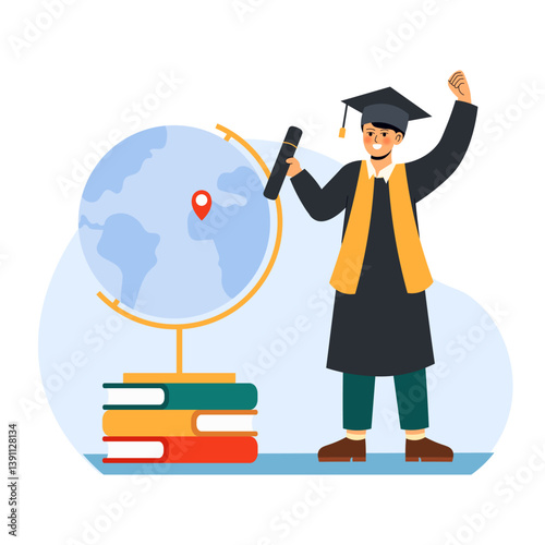 Study Aboard 2 Man Graduate Celebrating with Globe and Books