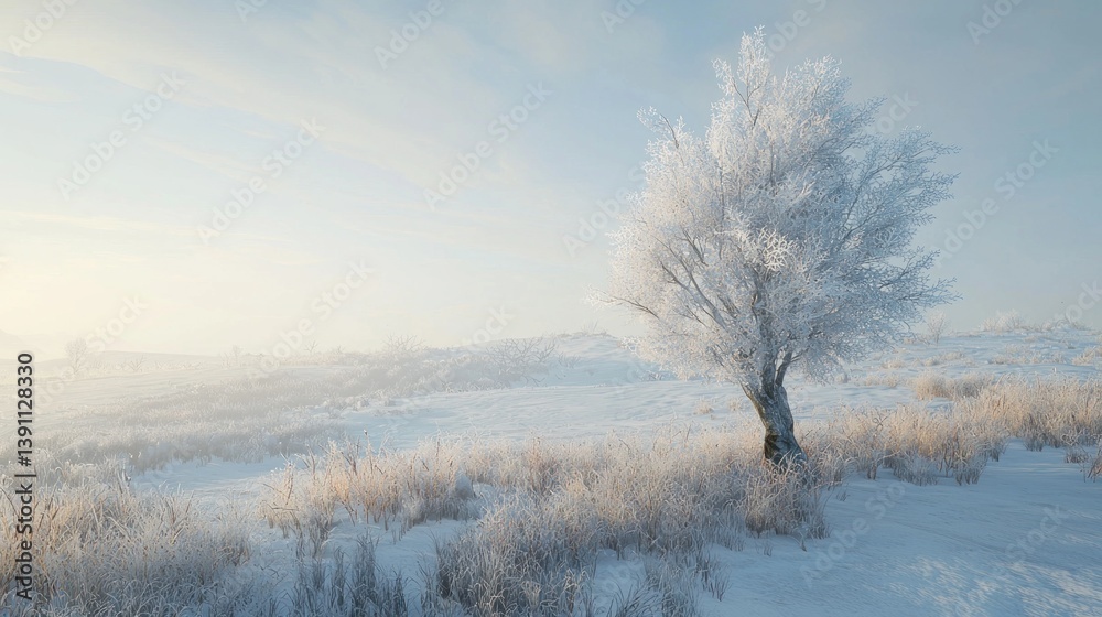 Frosty winter landscape with a snow-covered tree. Frosty winter landscape with a snow-covered tree.