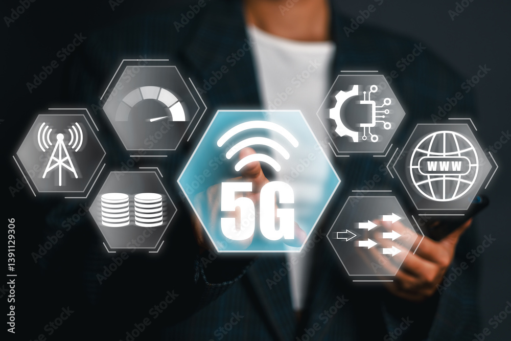 Visual representation of 5G technology with digital icons symbolizing connectivity, speed, and modern communication advancements. Visual representation of 5G technology with digital icons symbolizing connectivity, speed, and modern communication advancements.