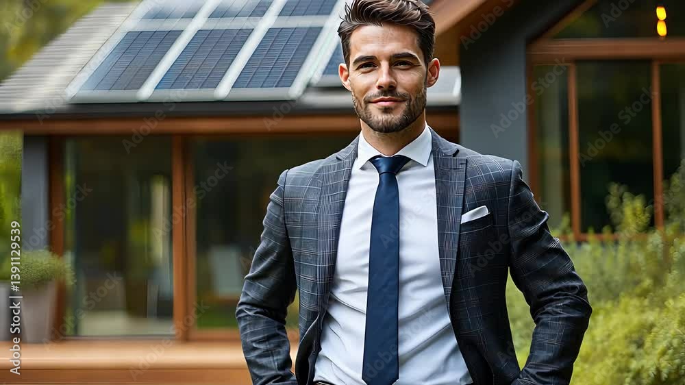 Businessman in Suit Standing Outside a Modern House with Solar Panels

