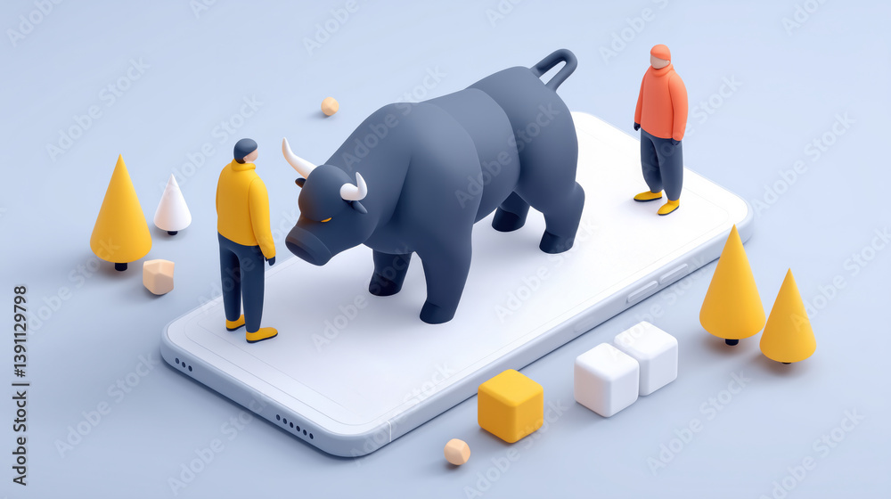 Bull statue on smartphone with miniature figures represents market trends in digital trading environment, 3d illustration.