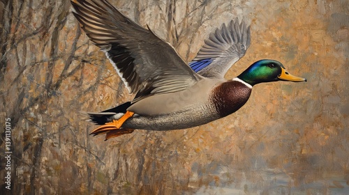 Mallard drake soaring through clear blue sky with outstretched wings, majestic bird in mid-flight photo