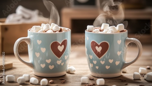 Two steaming mugs of hot chocolate, topped with marshmallows, sit on a wooden table photo