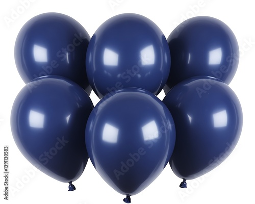 Six navy blue balloons are clustered together in a close up view