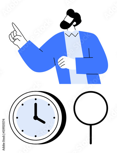 Man pointing upward, clock and magnifying glass illustrating analysis, focus, time management, research, productivity, decision-making. Ideal for business, scheduling deadlines priorities flat