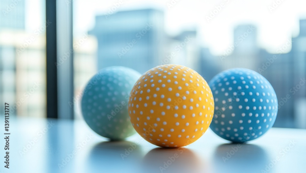 Three colorful, dotted balls on a table Three colorful, dotted balls on a table