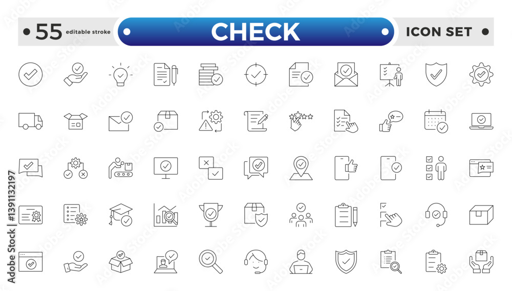 Checkmark outline Icons set. Check, approve, ticks, quality check, confirm, correct, checklist, and verified. Editable stroke outline icon.
Checkmark outline Icons set. Check, approve, ticks, quality check, confirm, correct, checklist, and verified. Editable stroke outline icon.