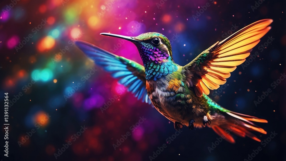 Obraz premium A vibrant, digitally rendered hummingbird is depicted mid-flight against a dark background