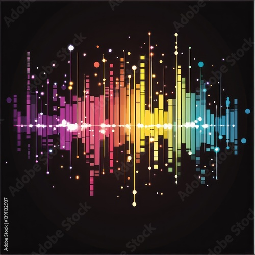 Colorful bars and lights creating sound waves on a dark background