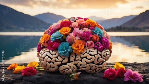 Hands holding a model of a human brain adorned with vibrant