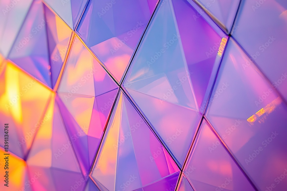 Obraz premium Abstract geometric pattern of iridescent triangular tiles in purple orange and blue