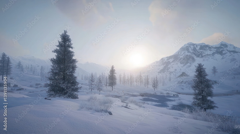 Fototapeta premium Sunlit winter landscape with snow-covered mountains, trees, and a frozen lake.