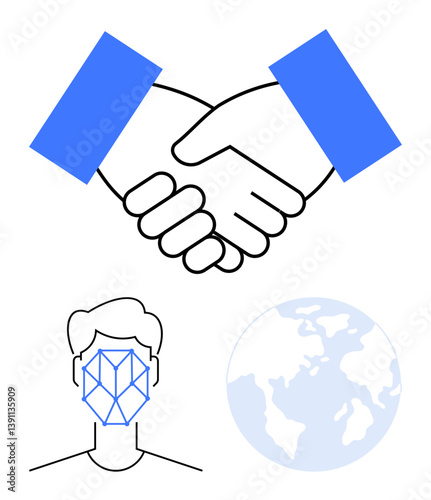 Handshake symbolizing agreement, facial recognition mesh on human outline, and globe emphasizing global collaboration. Ideal for identity, technology, partnership, trust, security, innovation