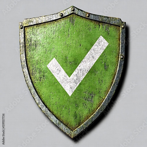 A weathered shield bearing a white checkmark for approval confirmation
