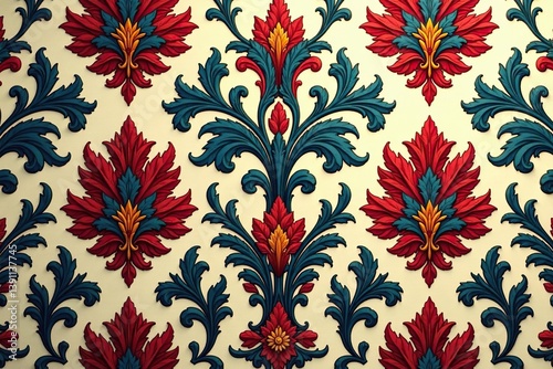 Large-scale repeating damask, stylized acanthus leaves and scrolls , gold, decor