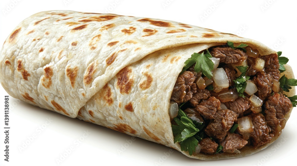 Thinly sliced beef shawarma wrapped with caramelized onions, parsley, and a drizzle of tahini. Thinly sliced beef shawarma wrapped with caramelized onions, parsley, and a drizzle of tahini.