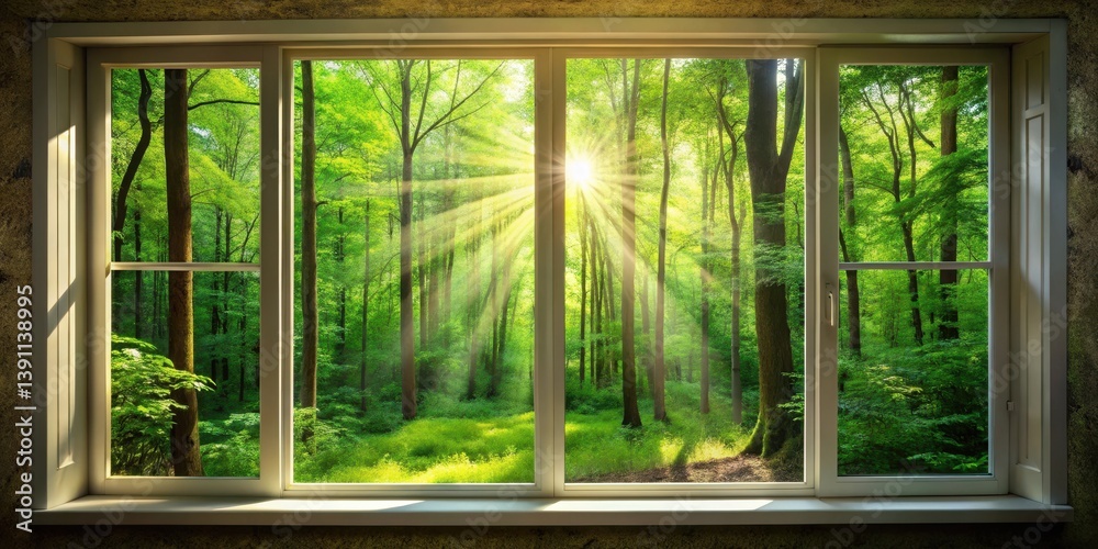 A serene forest window with lush greenery and filtered sunlight peeking through, creating a sense of calmness and tranquility A serene forest window with lush greenery and filtered sunlight peeking through, creating a sense of calmness and tranquility