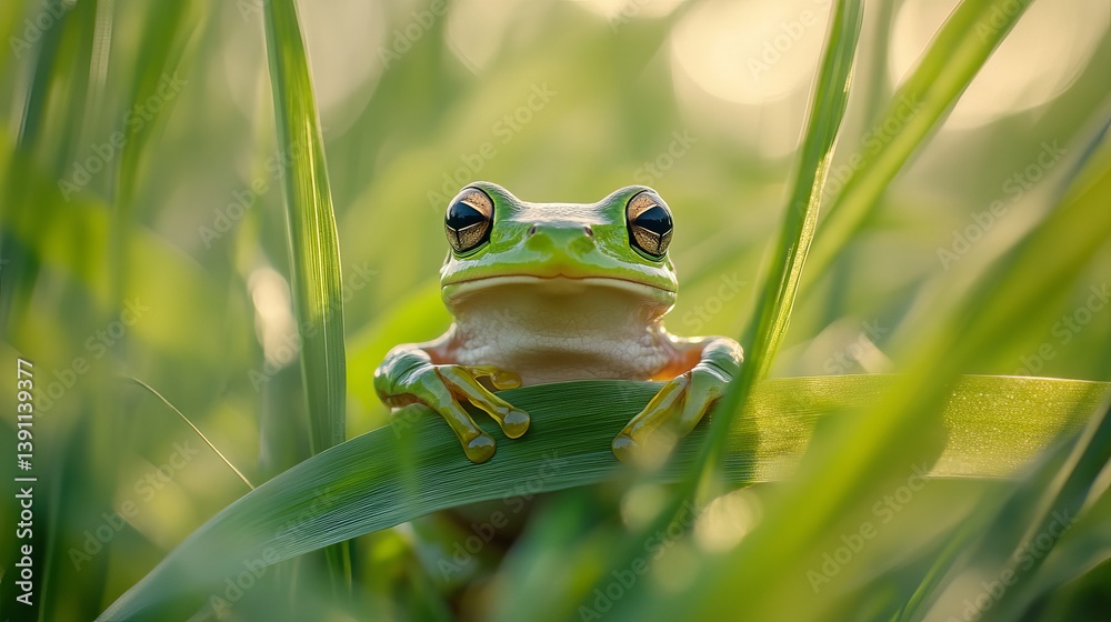 Struggling european tree frog clinging to grass blade in lush summer wetland Struggling european tree frog clinging to grass blade in lush summer wetland