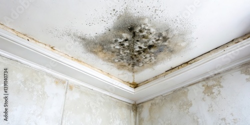 Damp and musty ceiling with black mold growth on a corner, surrounded by a halo of white powdery mildew