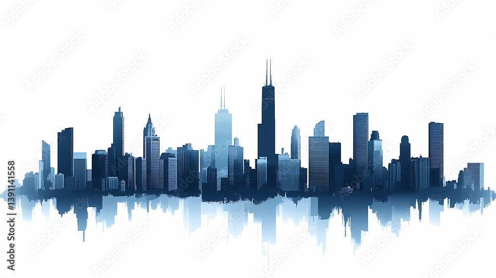 Fototapeta premium Contemporary Skyline Illustration: Modern Urban Silhouette with Blue Tones and Reflection