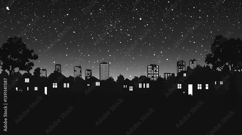 Fototapeta premium Stunning Urban Night Cityscape: Silhouettes, Skylines, and Stars in Modern Black and White