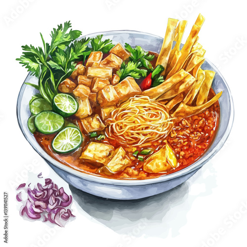 A watercolor painting of Khao Soi, isolated on a white background. Khao Soi vector

