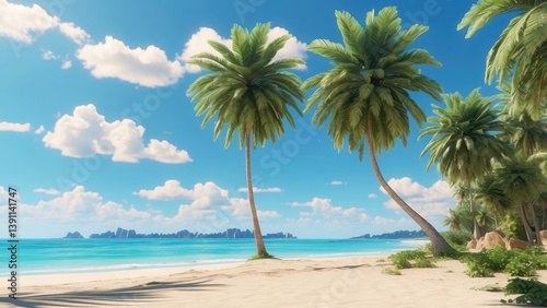 A serene beach scene with white sand, gentle waves