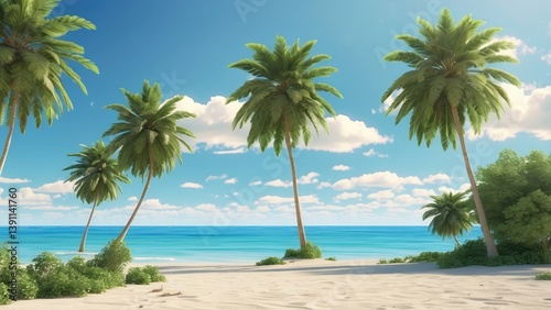 A serene beach scene with white sand, gentle waves