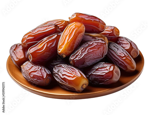 Date Fruits on Plate: A close-up shot of succulent Medjool dates, their rich brown skin glistening on a rustic wooden plate, evoking the essence of healthy indulgence.