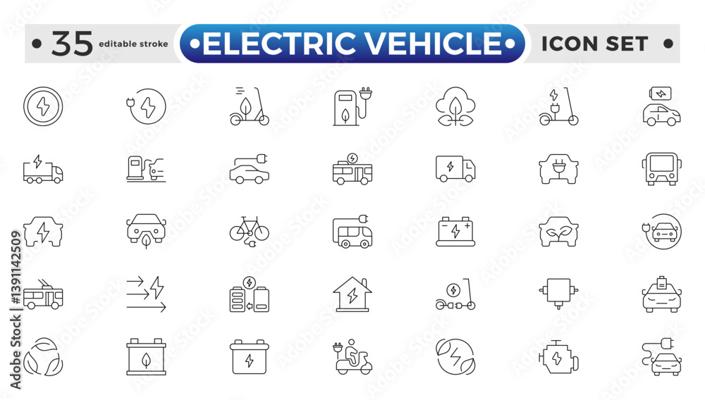 Electric Vehicle outline icons set. electric vehicle charging station, EV plug, bus, motorcycle, energy recovery, smart e car. Editable stroke outline icon. Electric Vehicle outline icons set. electric vehicle charging station, EV plug, bus, motorcycle, energy recovery, smart e car. Editable stroke outline icon.