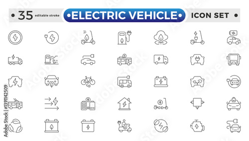 Electric Vehicle outline icons set. electric vehicle charging station, EV plug, bus, motorcycle, energy recovery, smart e car. Editable stroke outline icon.