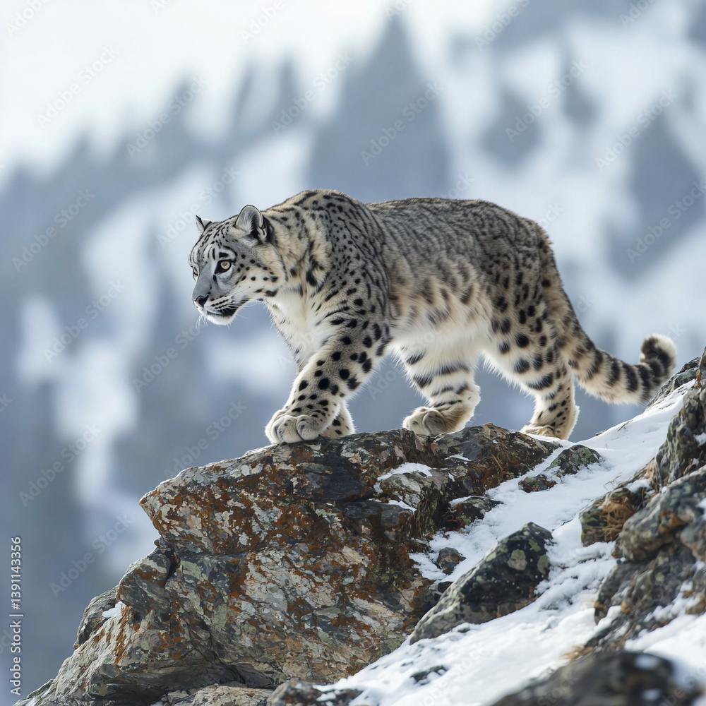 Fototapeta premium Snow leopard gracefully walking on a rocky mountain generative ai