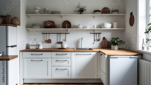 Minimal light scandinavian kitchen interior. White furniture with utensils, shelves with crockery, small refrigerator
