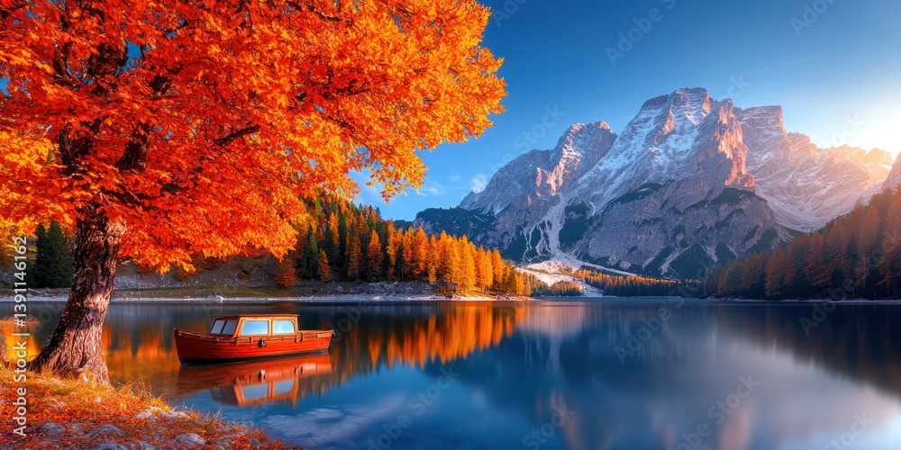 Naklejka premium Autumnal Lake Serenity Mountain Boat Tree