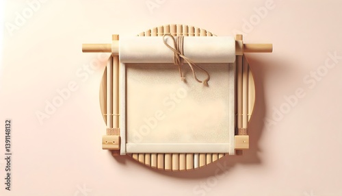 Unbranded Japanese sushi mat mockup made of bamboo and cotton string, cleanly styled, minimal food prep accessory mockup. Flat lay 3D rendering.
