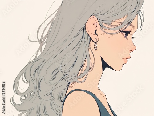 An elegant profile illustration depicts a woman with long, flowing wavy silver hair and delicate earrings, looking thoughtfully downwards against a neutral background.