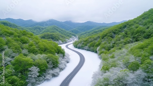 Winding Mountain Road Snow-Covered Landscape Serene Aerial Photography High-Resolution Overhead View Lush Green Foliage Scenic Drive Mountainous Region Cool Blue Hues Ideal for Travel Brochures