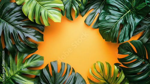 Tropical leaves frame on yellow background