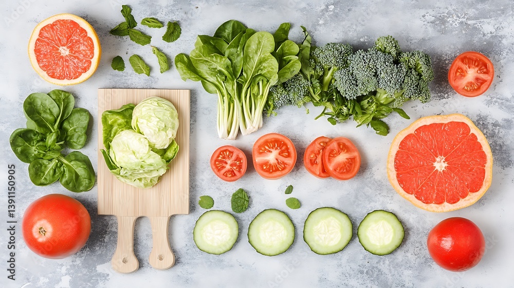 Fresh arrangement of various colorful fruits and vegetables prepared Fresh arrangement of various colorful fruits and vegetables prepared