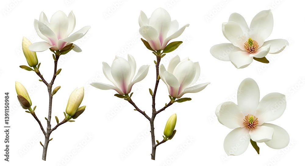 Fototapeta premium Stunning Magnolia Blossoms: A Close-Up of Delicate White Petals and Buds